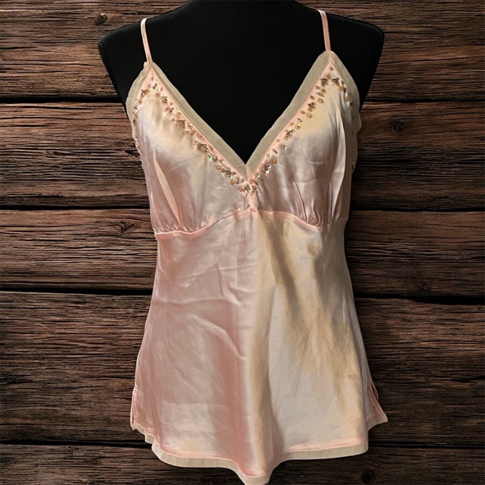 NWT Gold Hawk 100% Silk Cami with Jewels Bedazzled Pink Camisole Large runs smal